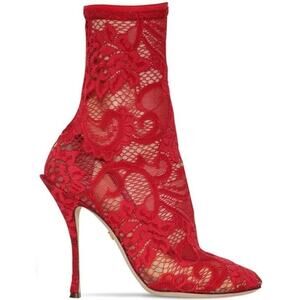 Dolce & Gabbana Stretch Lace Sock Ankle Boots Booties Red 39.5